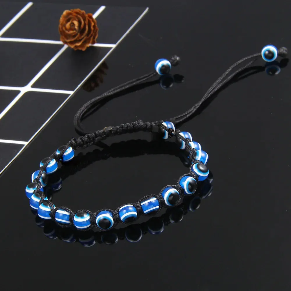 2PCS Blue Evil Eye Couple Bracelet Sets for Woman Men Charm Palm Resin Bead Rope Chain Lucky Bracelets Friendship Jewelry Gift