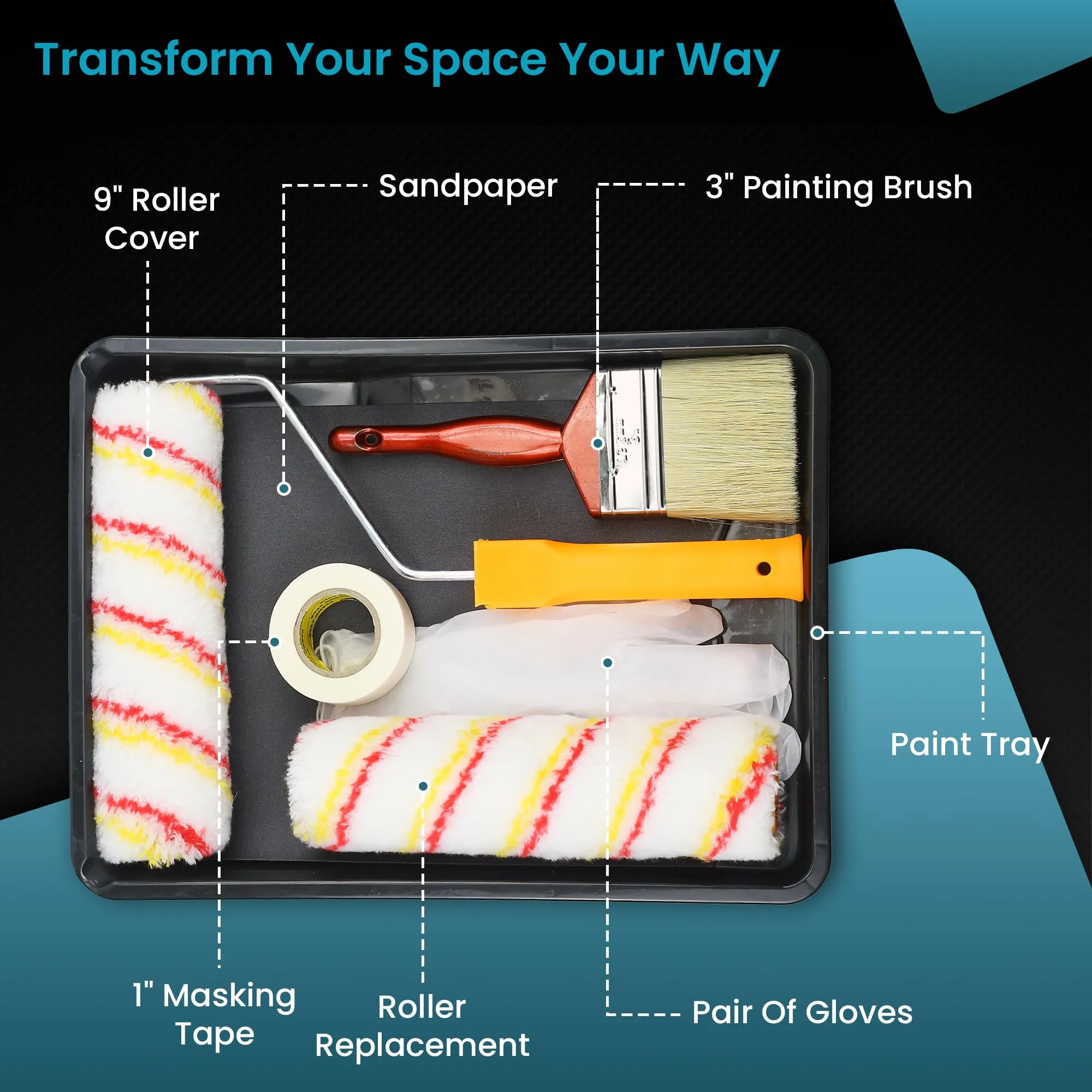 CHESTON DIY Paint Kit - Complete Self-Painting Set with Essential Tools - Painting Tray | Paint Roller | Paint Brush | WaterProof SandPaper | Masking Tape | Hand Gloves for painting at home
