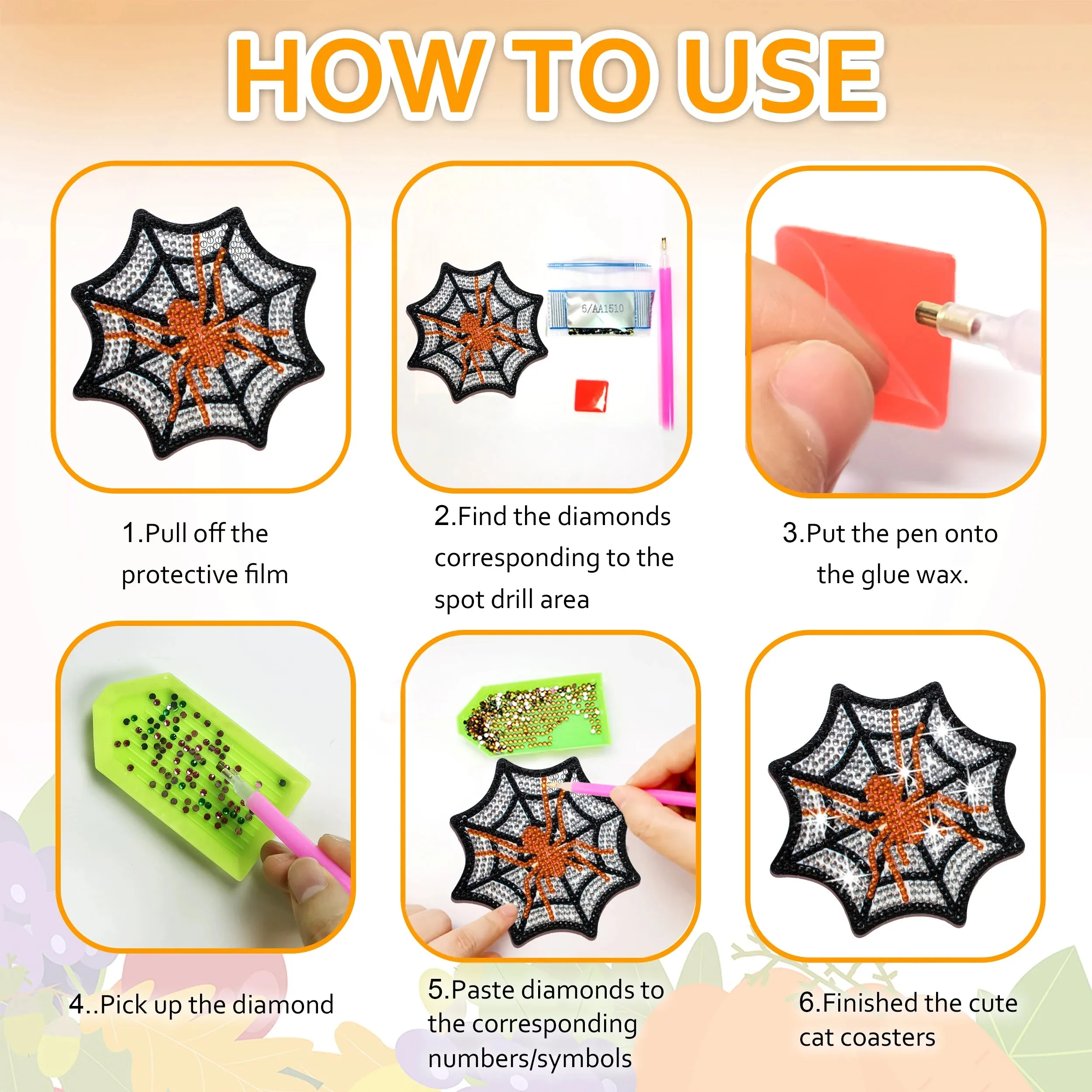 DIY Halloween Diamond Art Coasters, 8 Piece Set With Holder, Spider Web Designs