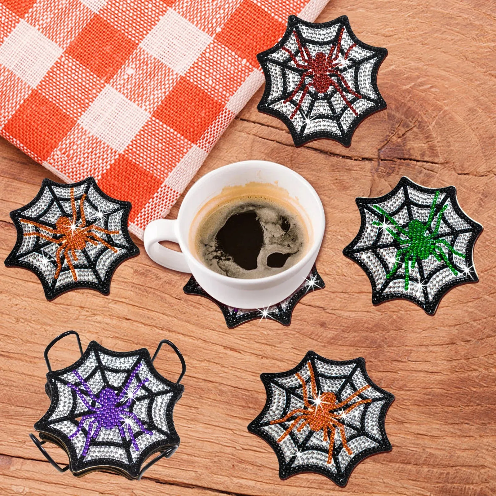 DIY Halloween Diamond Art Coasters, 8 Piece Set With Holder, Spider Web Designs