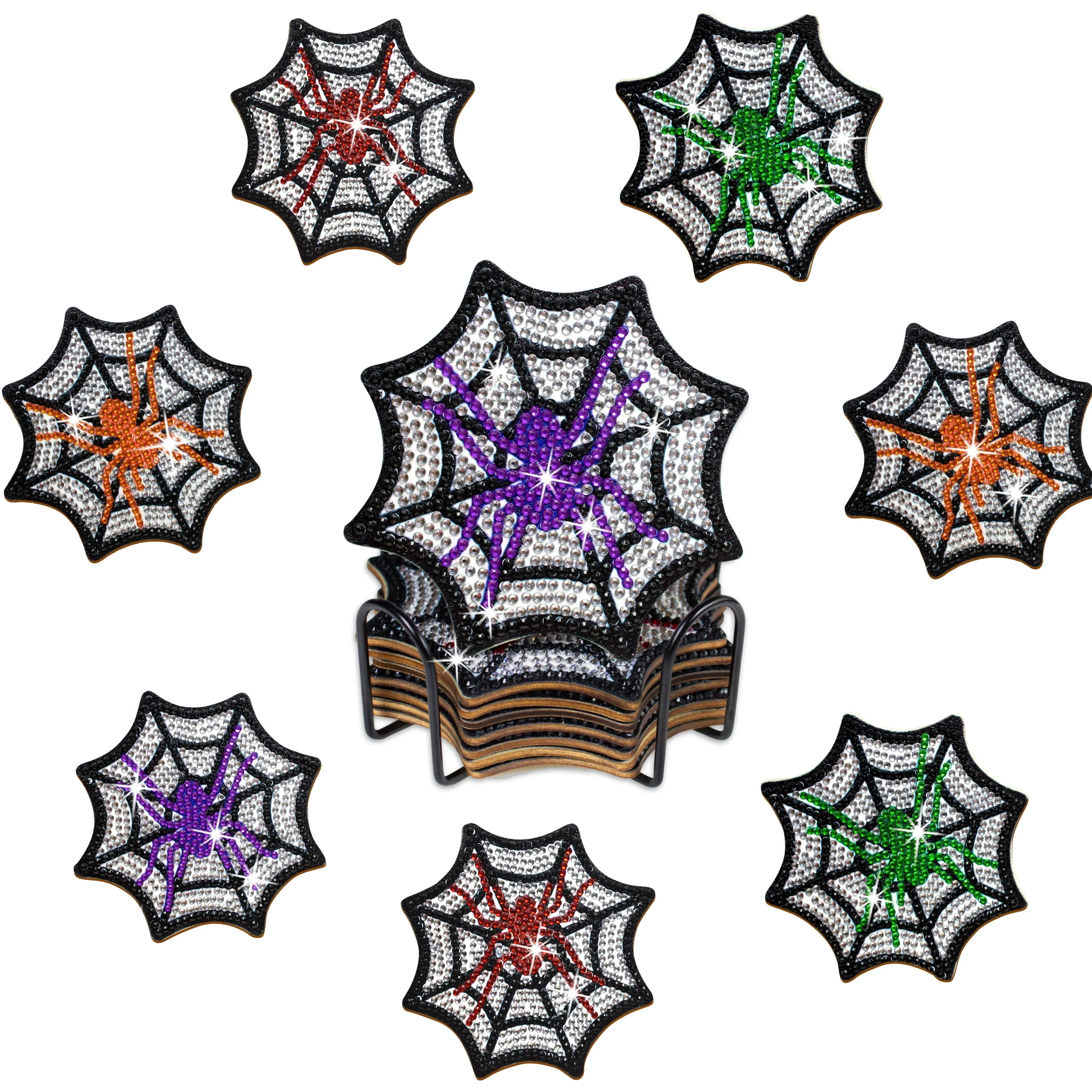 DIY Halloween Diamond Art Coasters, 8 Piece Set With Holder, Spider Web Designs
