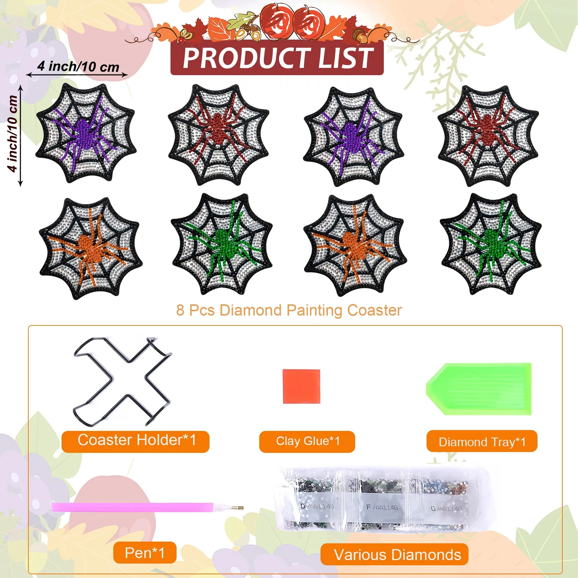DIY Halloween Diamond Art Coasters, 8 Piece Set With Holder, Spider Web Designs