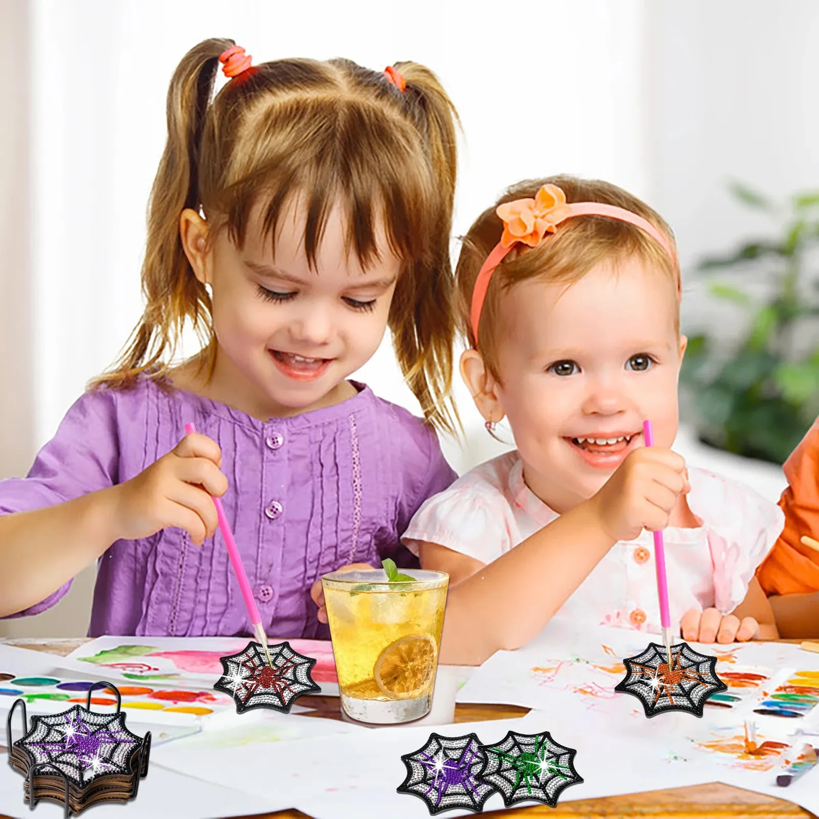 DIY Halloween Diamond Art Coasters, 8 Piece Set With Holder, Spider Web Designs