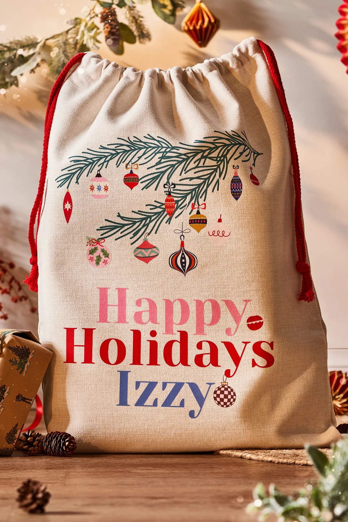Personalised Retro Christmas Baubles Santa Sack