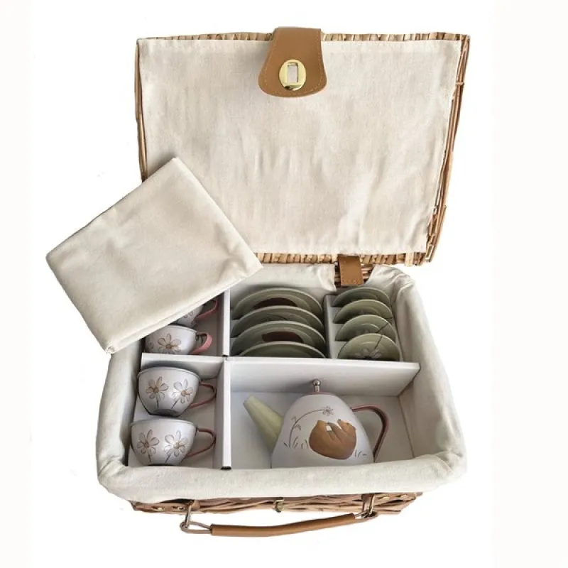 Tin Tea Set Forest in Wicker Basket