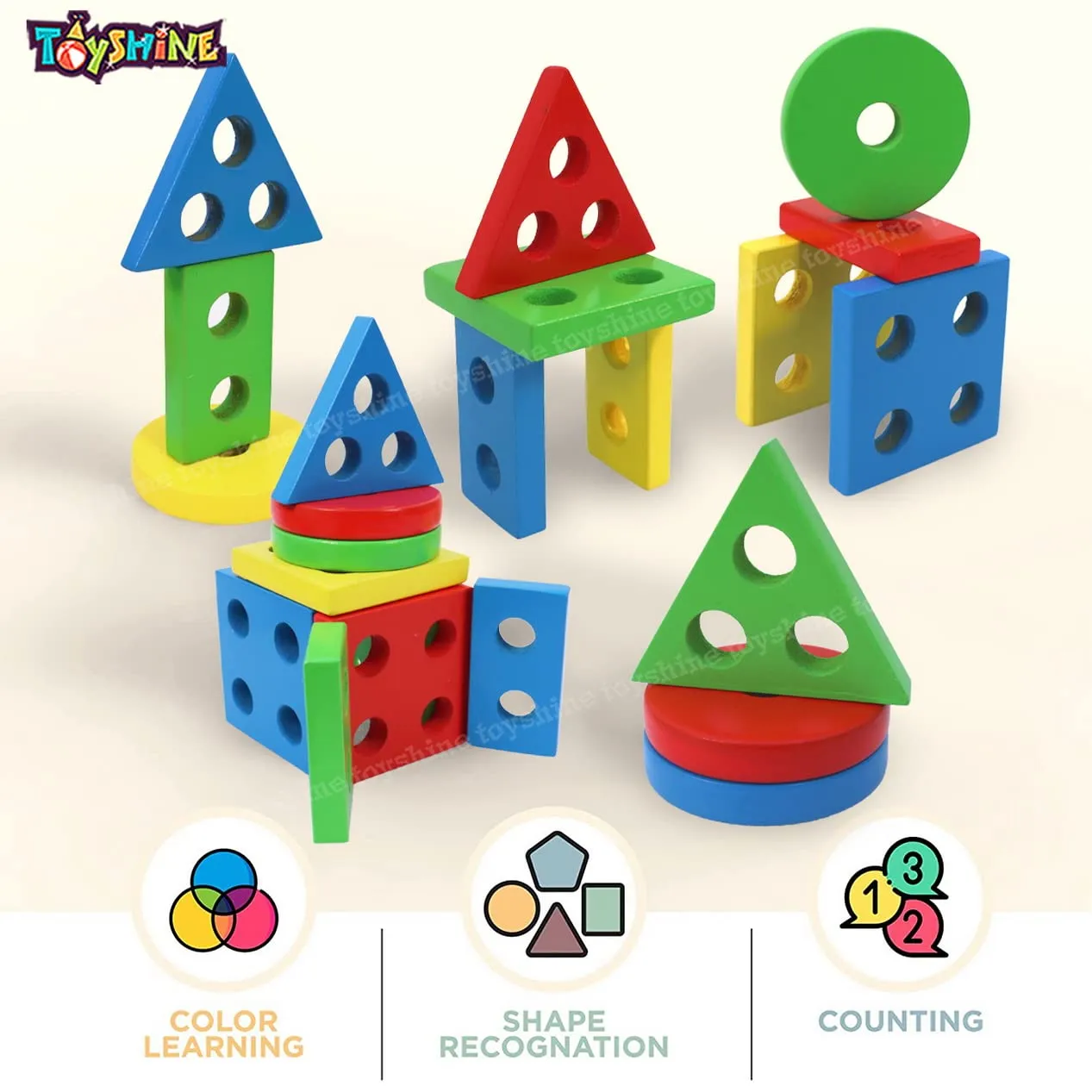 Toyshine Wooden 4 Angle Geometric Blocks Building Stacker Shape Sorter Column Puzzle Stacking Toy Set Kids