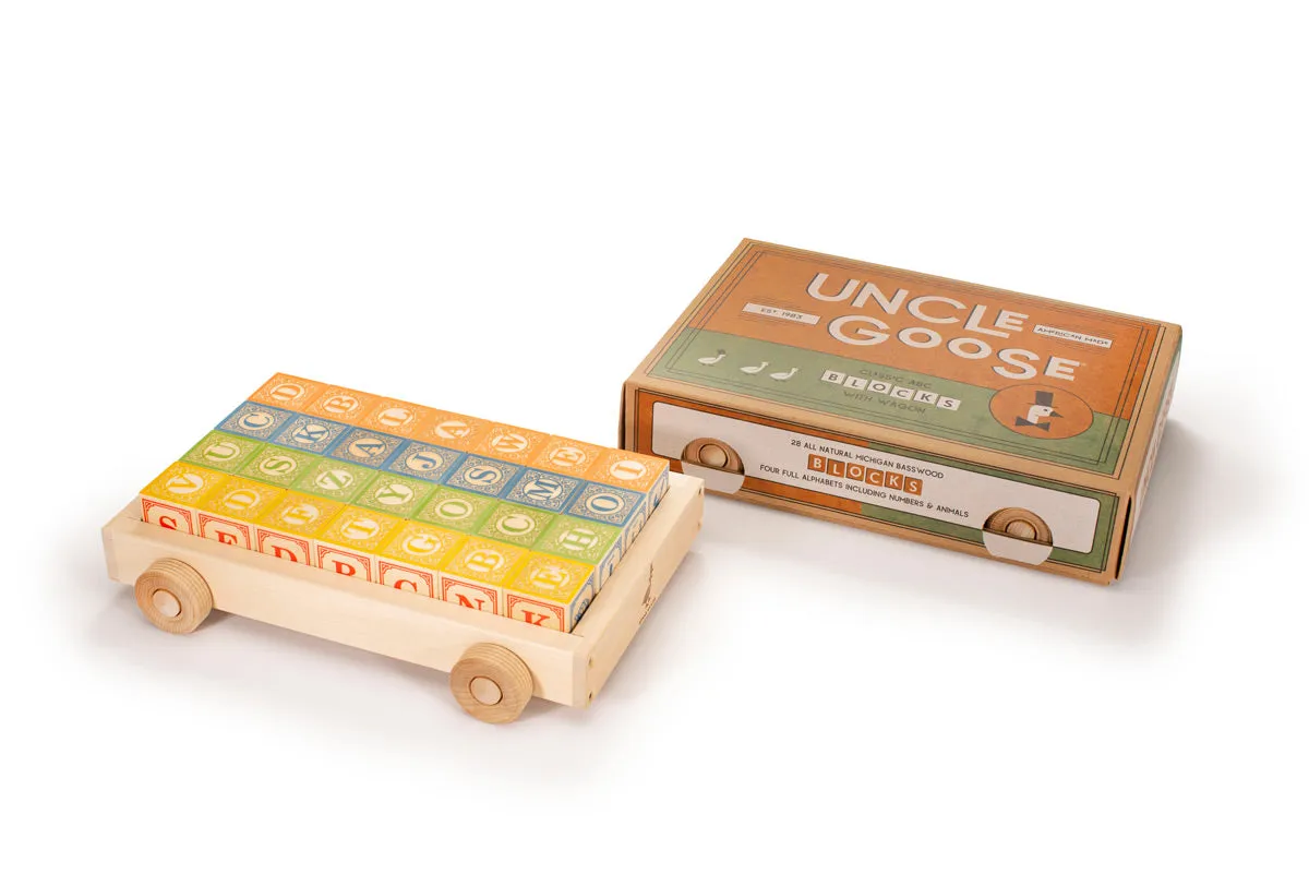 Uncle Goose Classic Wooden ABC Toy Blocks - with Pull Wagon