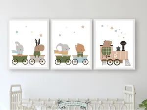 Woodland Animal Train Nursery Prints - Set of 3