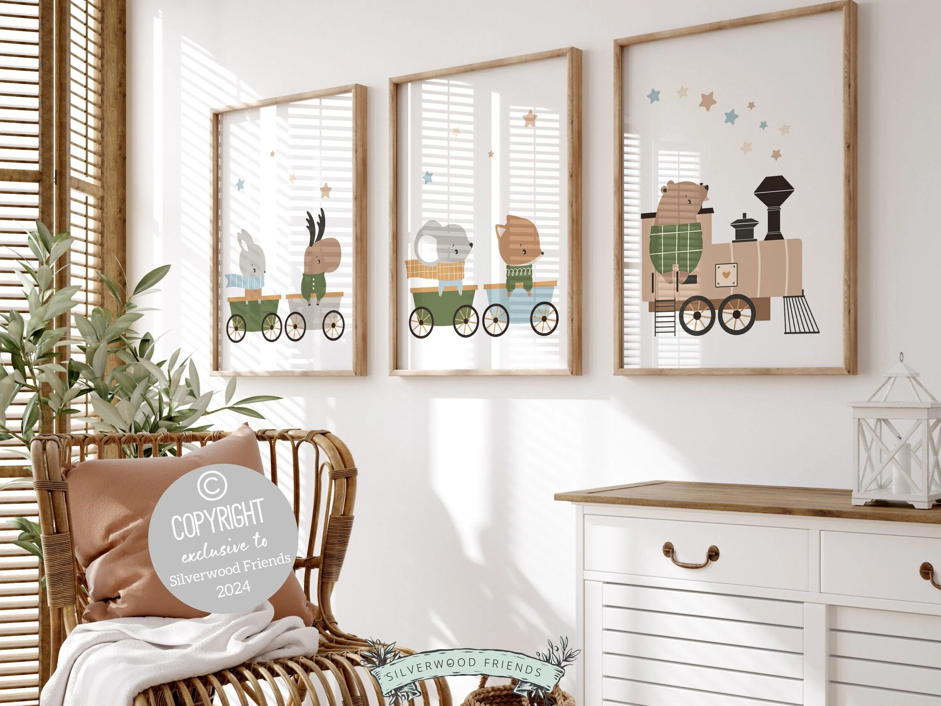 Woodland Animal Train Nursery Prints - Set of 3