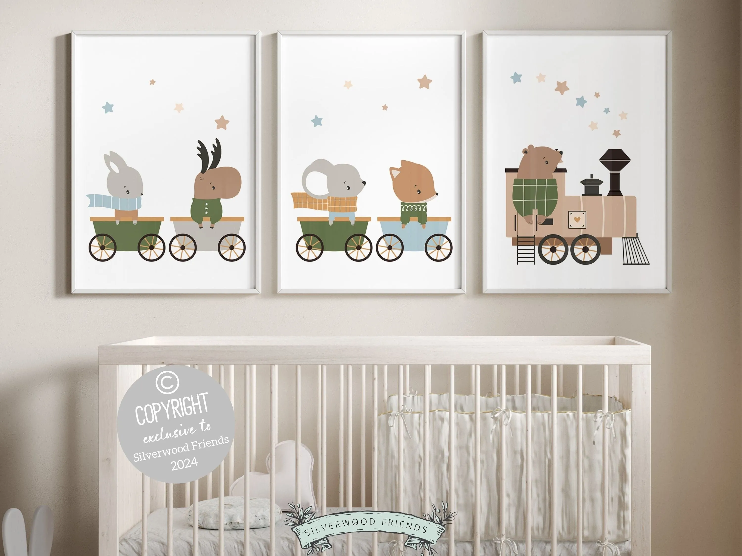 Woodland Animal Train Nursery Prints - Set of 3
