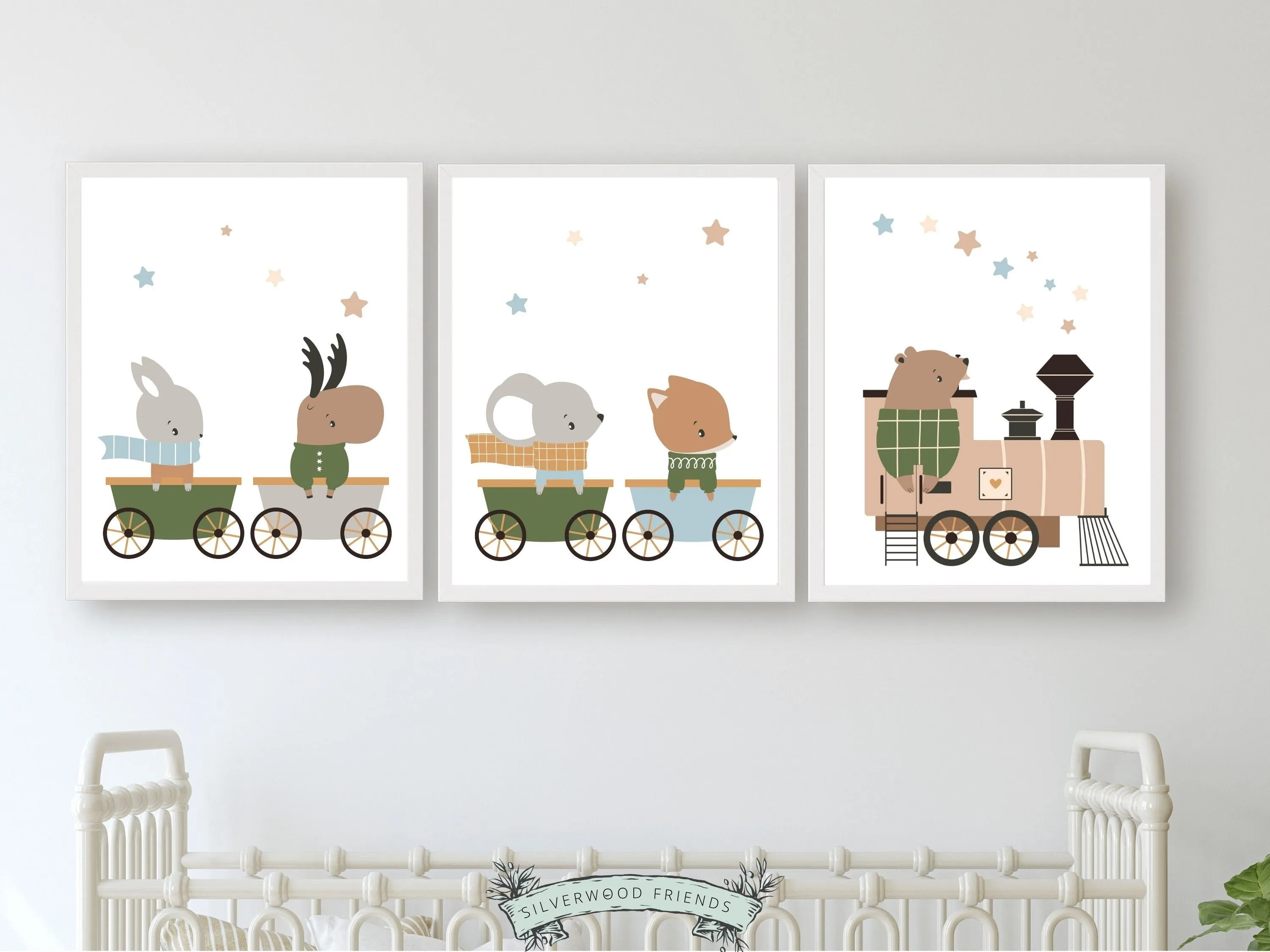 Woodland Animal Train Nursery Prints - Set of 3